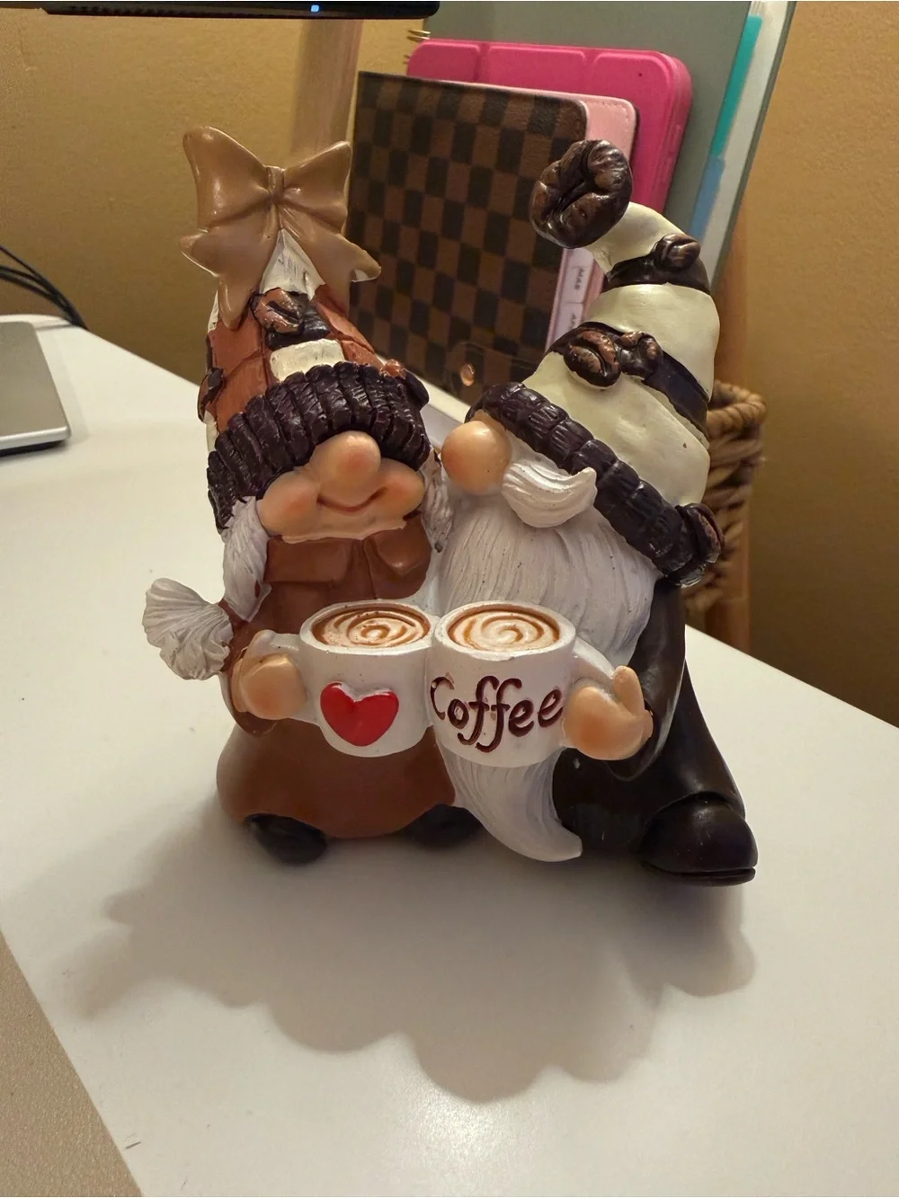 Ceramic Gnome Couple Figurines with Coffee Mugs - Brown & White
